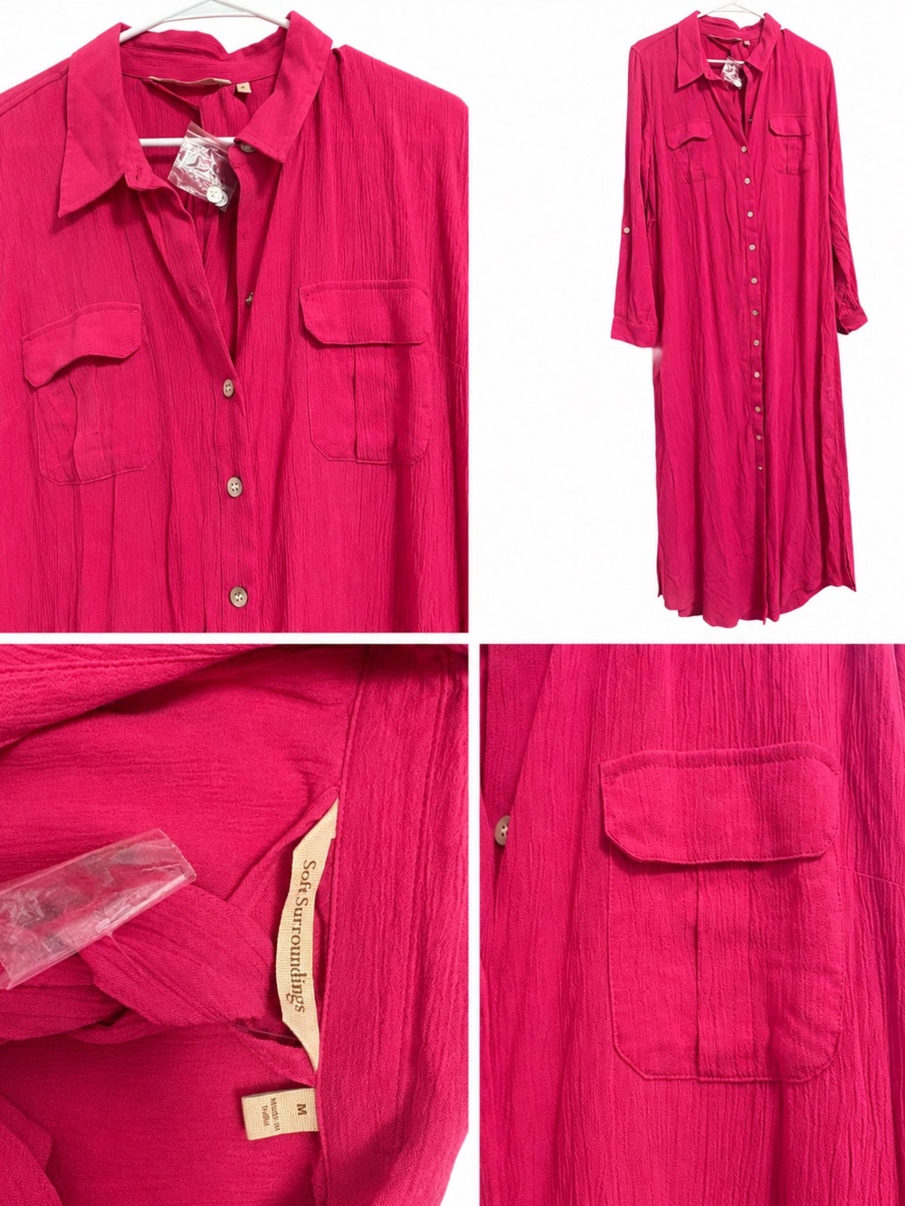Soft Surroundings Pink Crinkle Button Front Maxi Shirt Dress M